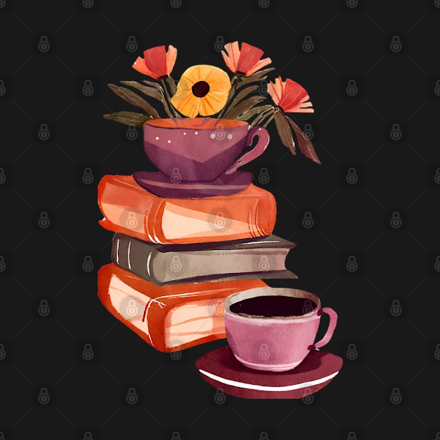 Books Flowers and Coffee Cup, Cute Watercolor by FarmOfCuties