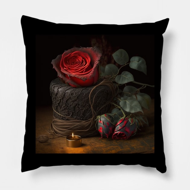 Vintage red rose with black lace on a hat Pillow by RavenWolfMoon Designs