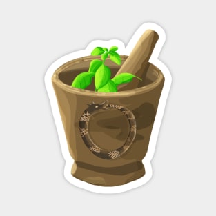 Wooden mortar with Ouroboros decoration and basil Magnet