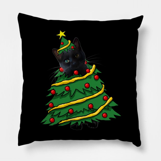 Black Cat Christmas Tree Funny Xmas Cat Lover Pillow by Magazine