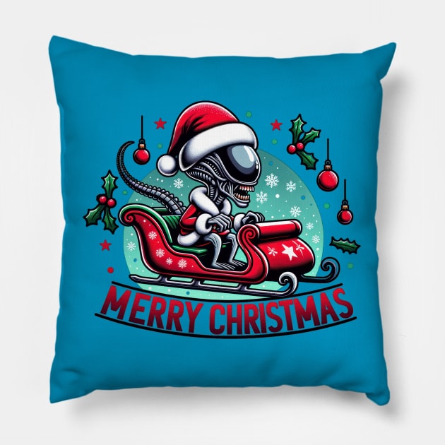 Christmas Alien Riding a Sleigh Pillow by TooplesArt