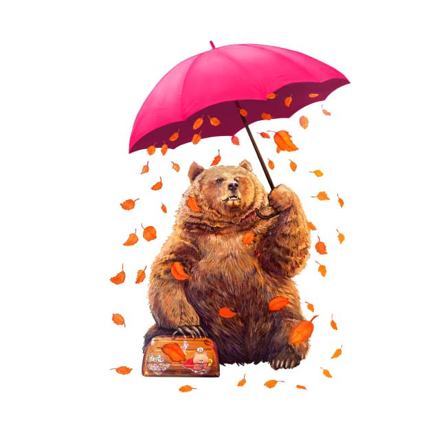 Bear with umbrella on white by kodamorkovkart