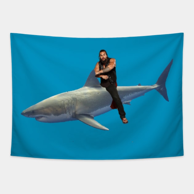 Jason Momoa Riding Shark Tapestry by GMAT