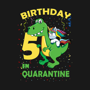 Birthday In Quarantine Unicorn Riding Dinosaur 5th Birthday T-Shirt