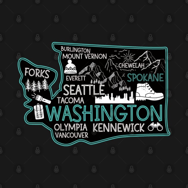 Washington Spokane Cute Map Tacoma Kennewick Forks Spokane cute travel design by BoogieCreates