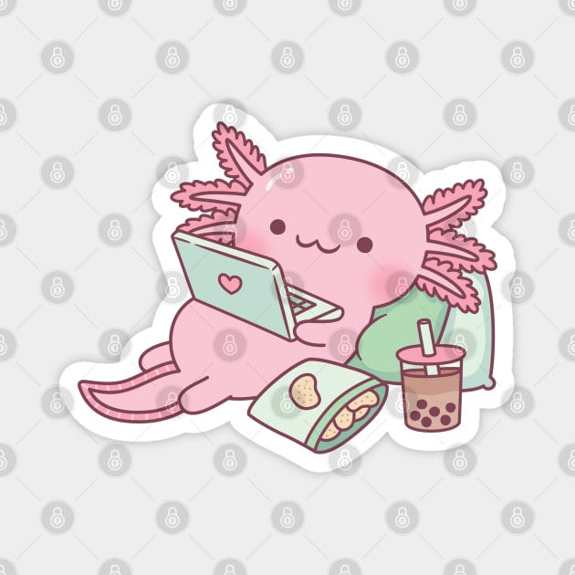 Cute Axolotl Chilling with Laptop And Snacks Magnet by rustydoodle