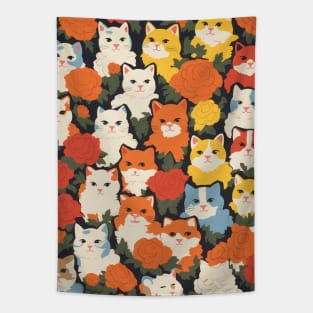 Cute Cats and Floral Design. Modern and Vibrant Tapestry