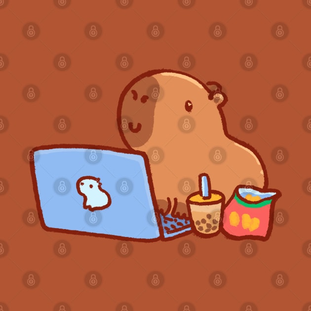 Capybara on a laptop with snacks and drink by Tinyarts