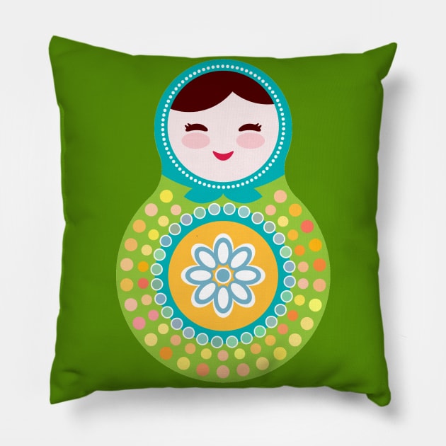 Russian dolls matryoshka green and blue colors. Pillow by EkaterinaP