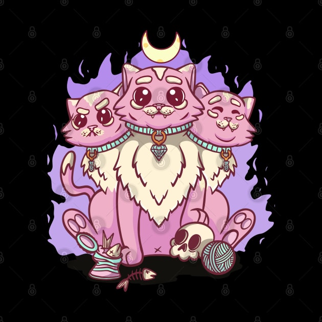 Kawaii Pastel Goth Cute Creepy 3 Headed Cat Skul, by PinkyTree