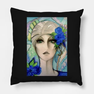 BLUE ART DECO 70S DOLLY GIRL IN TURBAN Pillow