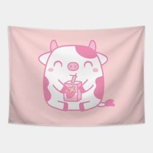 Cute Cow Drinking Strawberry Milk Tapestry