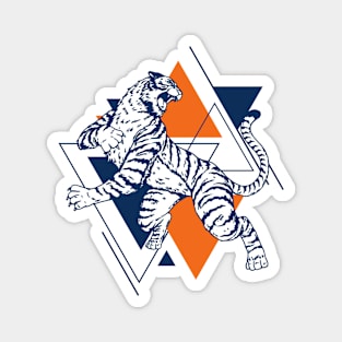 Retro Orange & Blue Tiger on the Attack // Vintage Geometric Shapes Background Magnet