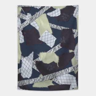 Florals and Textures - Black, Blue, Green, Silver - Abstract Mixed Torn Paper Collage Tapestry