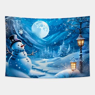 Winter Fairy Tale: Snowman Wizard in the Forest with Snowflakes Tapestry