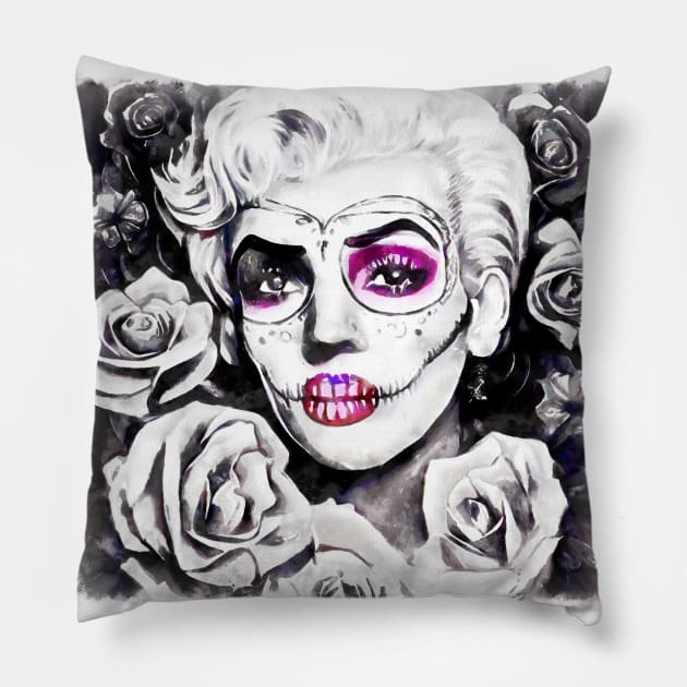 Retro sugar skull blonde with roses black and white Pillow by AnnArtshock