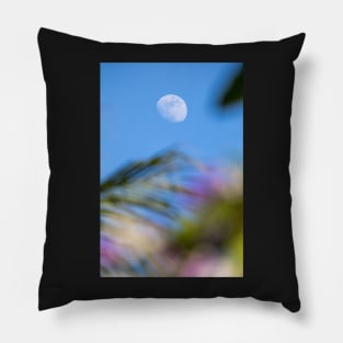 Day Moon with Palm Trees in Foreground Pillow