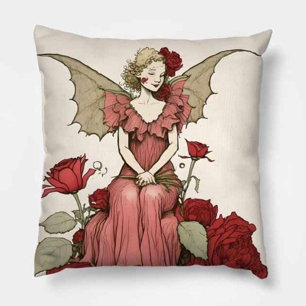 Rose Fairy Sitting Amid Rose Flowers Vintage Style Pillow by designs4days