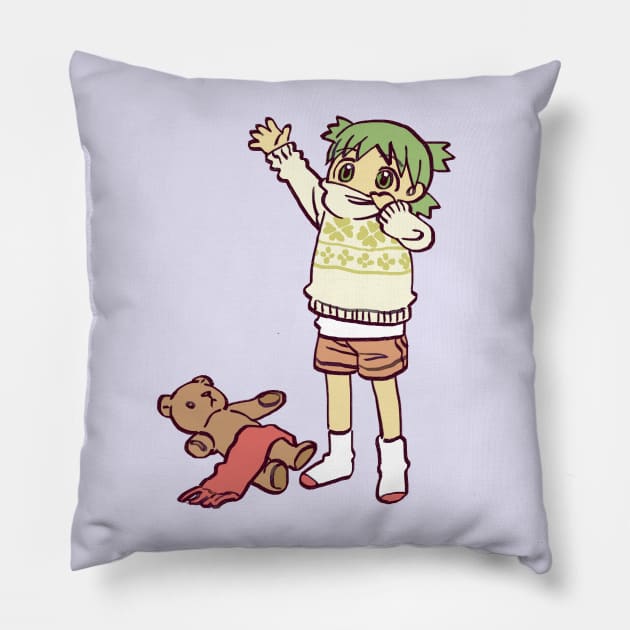 sweater weather yotsuba with scarf and teddy bear Pillow by mudwizard