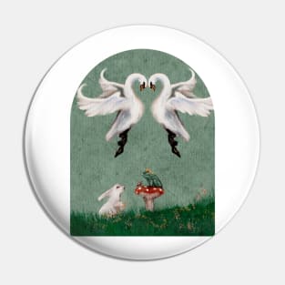 Fairytale Meeting A frog king and white rabbit meet in a spring meadow  with swans cottagecore watercolor Pin