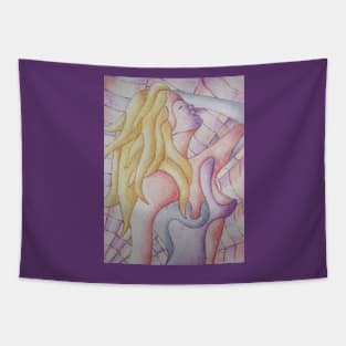 blonde girl posing retro style abstract art Tapestry