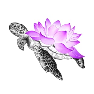 Detailed Sea Turtle with Neon Lotus Flower as Shell T-Shirt