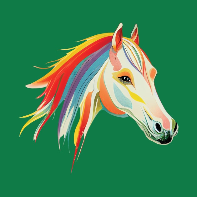 Beautiful Horse with Rainbow Mane on Green by Geminiartstudio