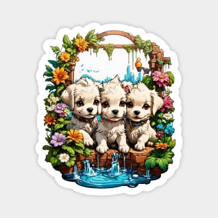 Three White Puppies playing in the mystic garden Magnet