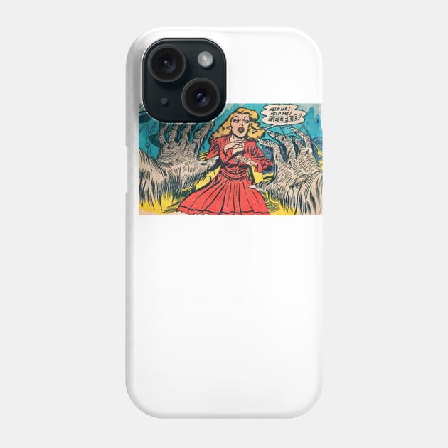 Comic hairy monster hands attacking a woman in red Phone Case by Comic Dzyns
