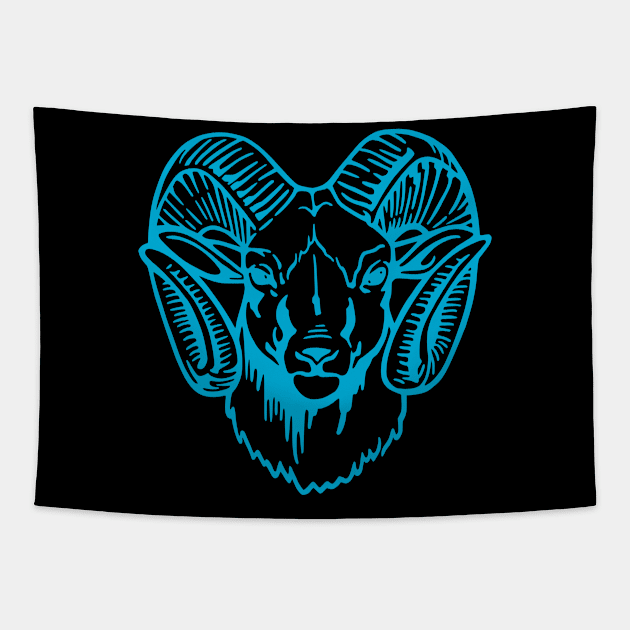 Mascot Head of a Ram (Drawing - Illustration) Iris Blue Tapestry by Semenov