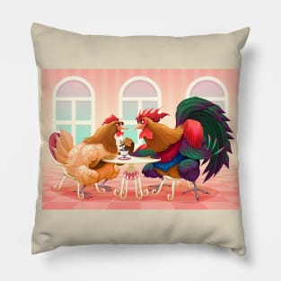 Hen and rooster in a cafè Pillow