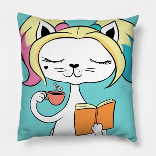 Cute Cat Enjoying Coffee and Reading Book Pillow