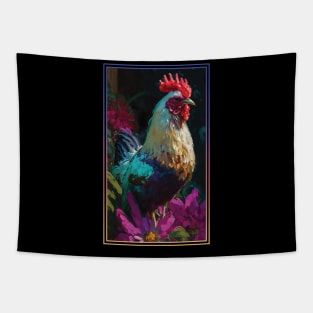 Chicken Rooster Vibrant Tropical Flower Tall Digital Oil Painting Portrait Tapestry