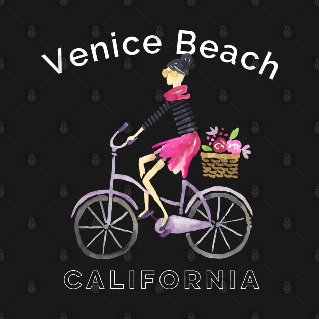 Venice Beach California Watercolor Bicycling French Girl Woman by Pine Hill Goods