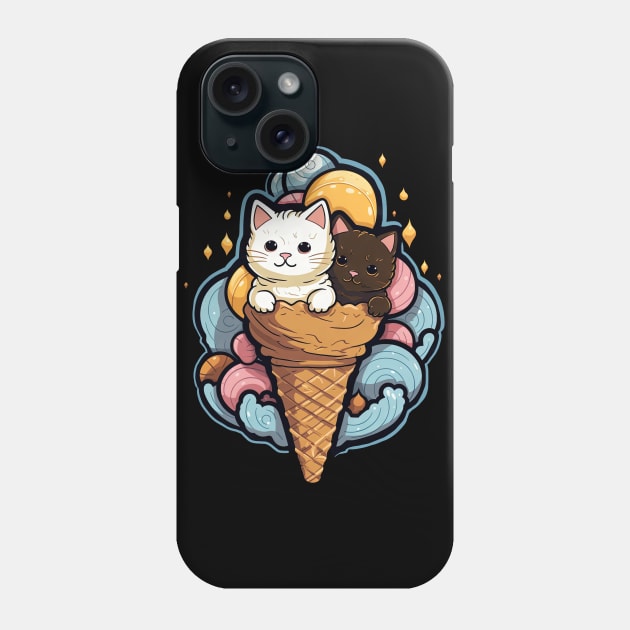 Pink & Blue Cat Ice-Cream Delight: Doodle Art Flat Color Phone Case by YUED
