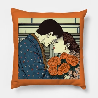 Cartoon Couple Kissing and holding Flowers Pillow