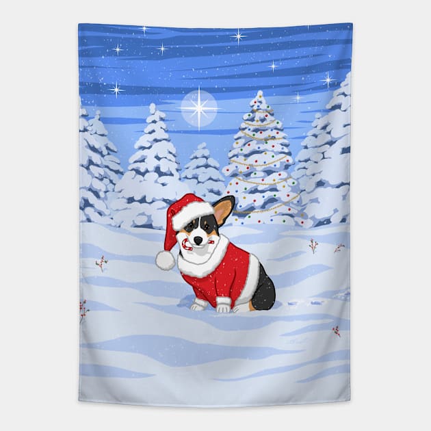 Cute Tricolor Corgi in Santa Christmas Costume Tapestry by csforest