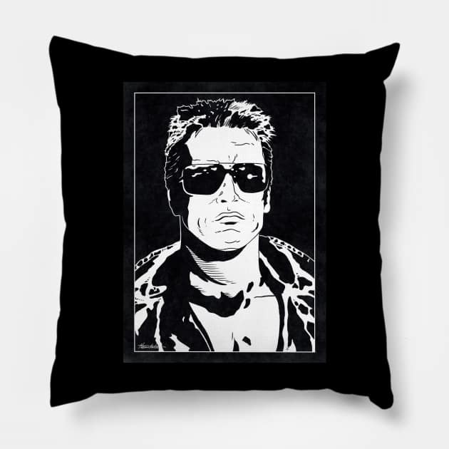 THE TERMINATOR (Black and White) Pillow by Famous Weirdos