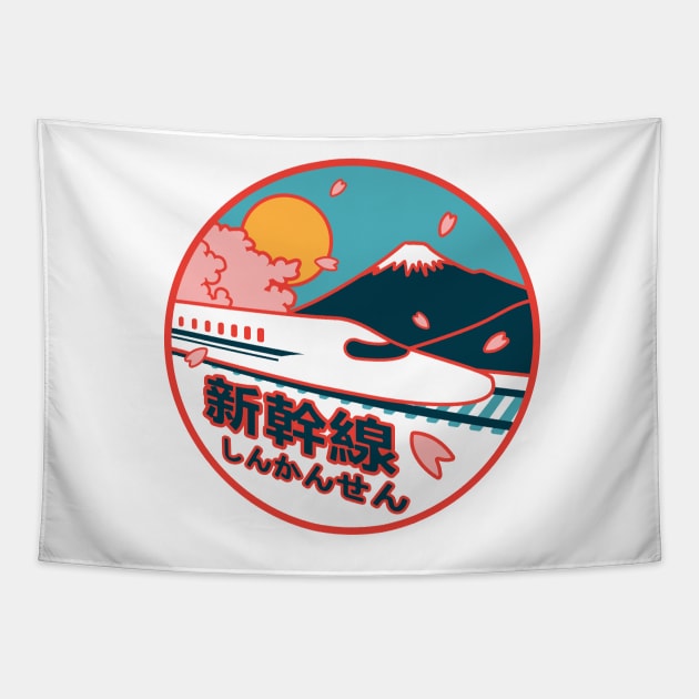 Japan Shinkansen Bullet Train Mt. Fuji and Sakura Cherry Tree Icon Tapestry by Charredsky
