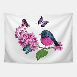 Lilacs - Butterflies And Pink Robin Bird Tapestry