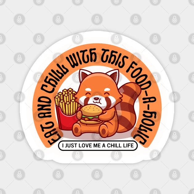 Hungry Red Panda Bear Foodaholic Eating Fries and Burger Magnet by Praizes