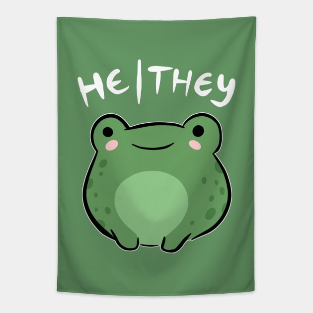 Cute Frog Celebrating He/They Pronouns - A Nonbinary Aesthetic for Enby, LGBTQ, Demigirl, and Demiboy Tapestry by Ministry Of Frogs