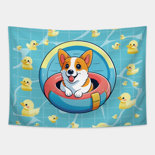 Refreshing Summer: Cute Corgi Lounge on a Pool Float Tapestry by linann945