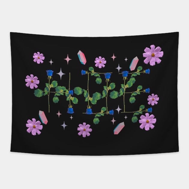 Hoe blue roses on stems with gems and purple flowers black bg Tapestry by VantaTheArtist