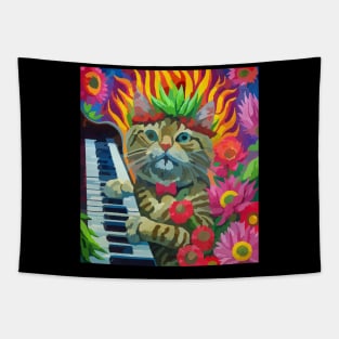 cat playing piano with nature Tapestry