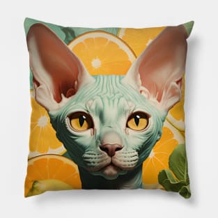 Retro Kitsch Sphynx Cat and Citrus Fruit Collage Pillow