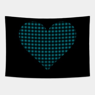 Peacock Blue and Black Gingham Heart Tapestry