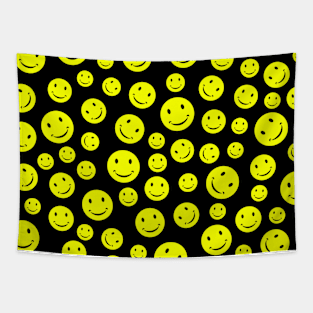 Smiley Face Seamless Pattern on Black Background Tapestry