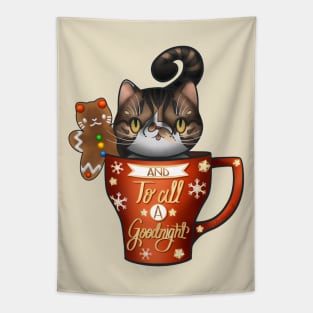 “And to all a goodnight” Sweet Sugar the tabby with a gingerbread man in a teacup Tapestry