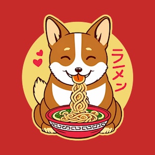 Welsh Corgi Eating Ramen Cute Kawaii Noodles T-Shirt